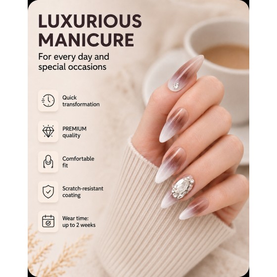 Nude‑Brown Milky White Ombre Rhinestone Press‑On Nails, Elegant Long Almond False Nails